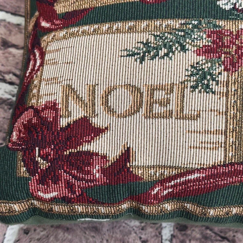 Vintage Christmas Tapestry Pillow Peace Joy Noel Cheer Red‎ Green Gold Ribbons